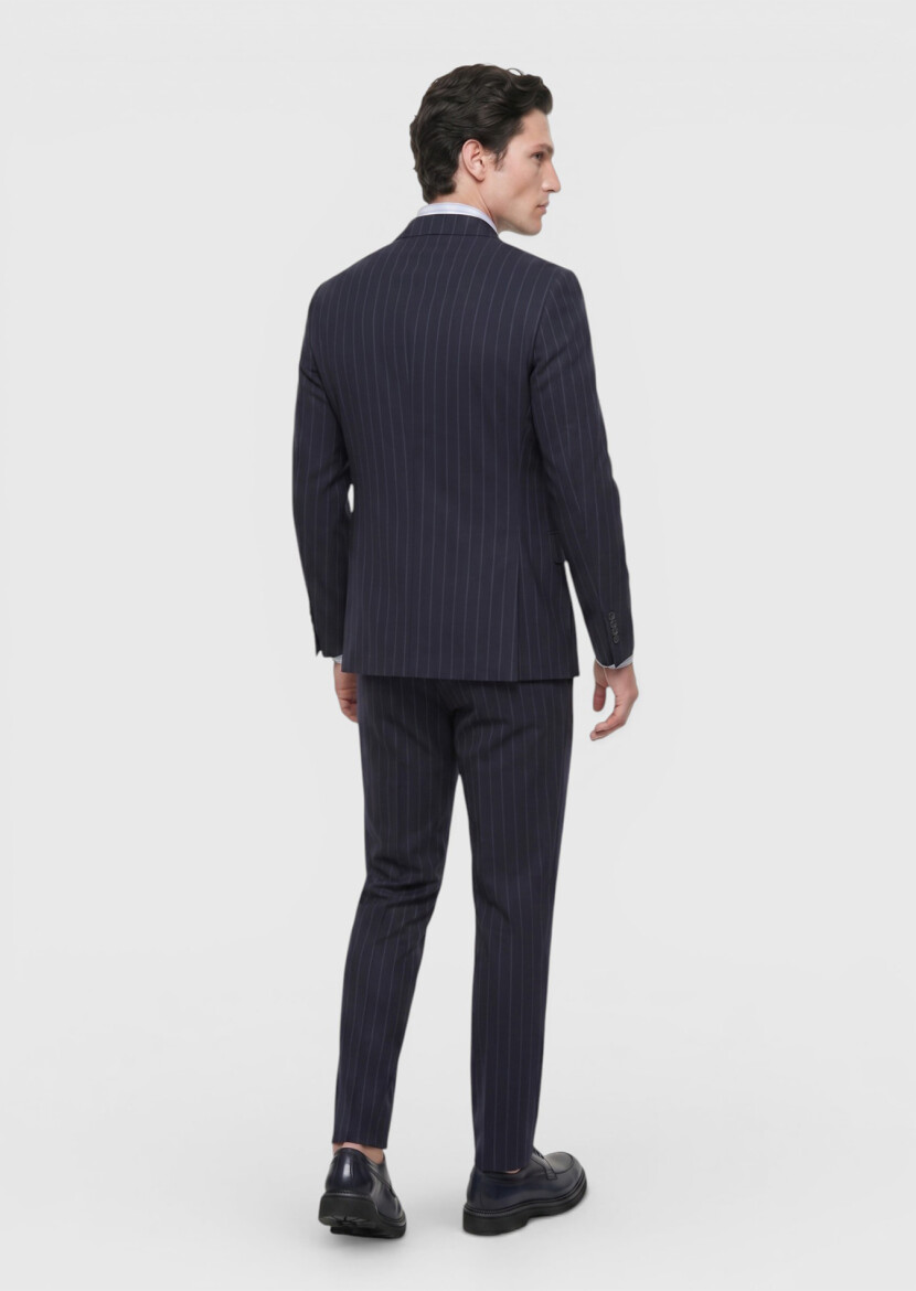 Navy Blue Striped Zeroweight Slim Fit Wool Blended Suit - 5