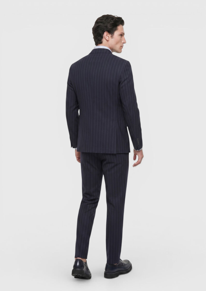 Navy Blue Striped Zeroweight Slim Fit Wool Blended Suit - 5