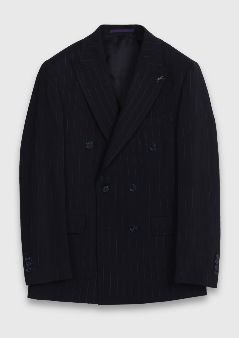 Navy Blue Striped Zeroweight Slim Fit Wool Blended Suit - 6