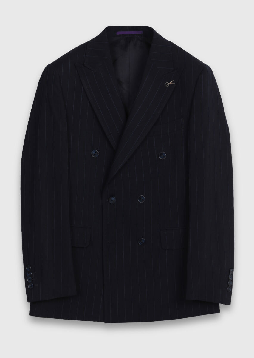 Navy Blue Striped Zeroweight Slim Fit Wool Blended Suit - 6