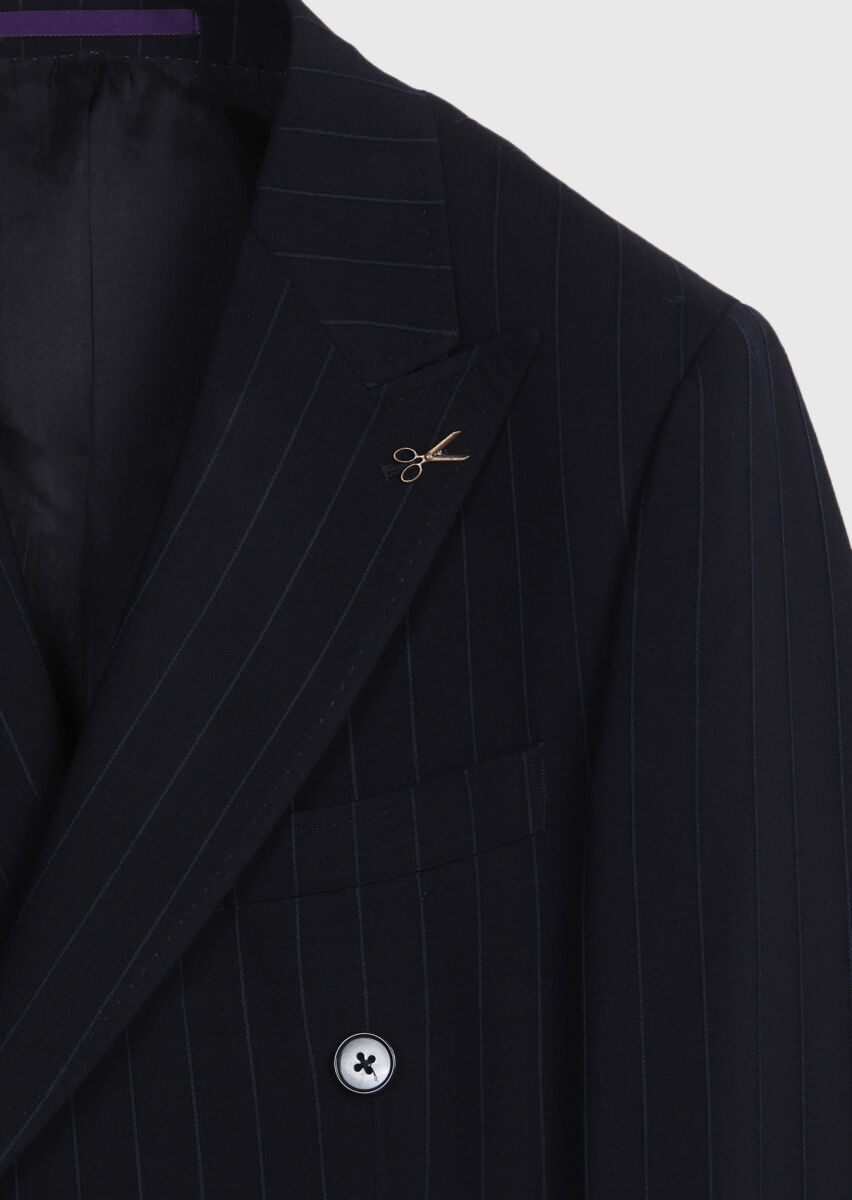 Navy Blue Striped Zeroweight Slim Fit Wool Blended Suit - 8