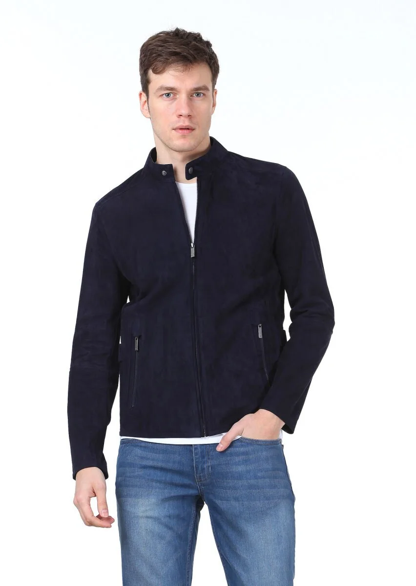 Navy Blue Suede Leather Coat - 1