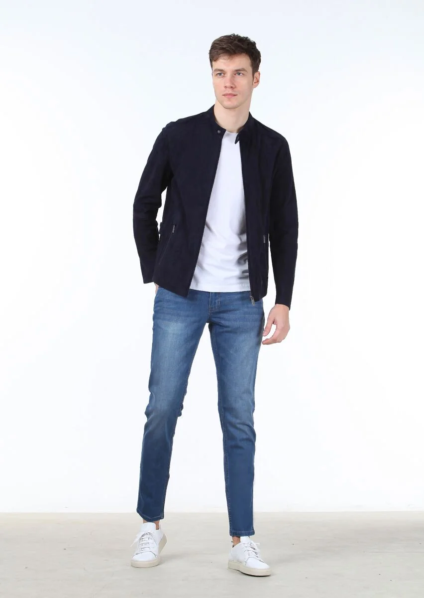 Navy Blue Suede Leather Coat - 2