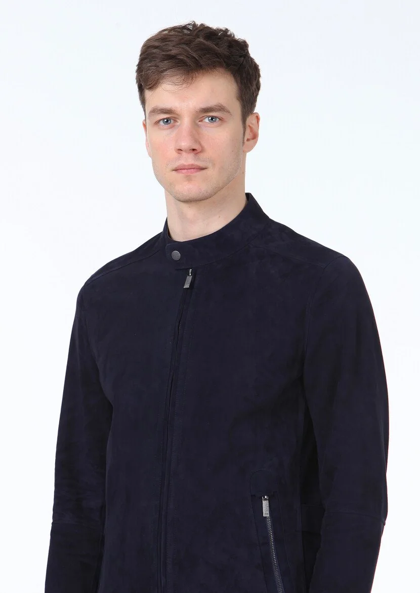 Navy Blue Suede Leather Coat - 3