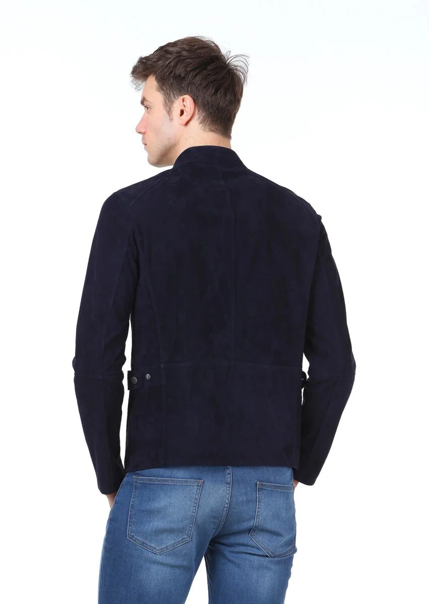 Navy Blue Suede Leather Coat - 4