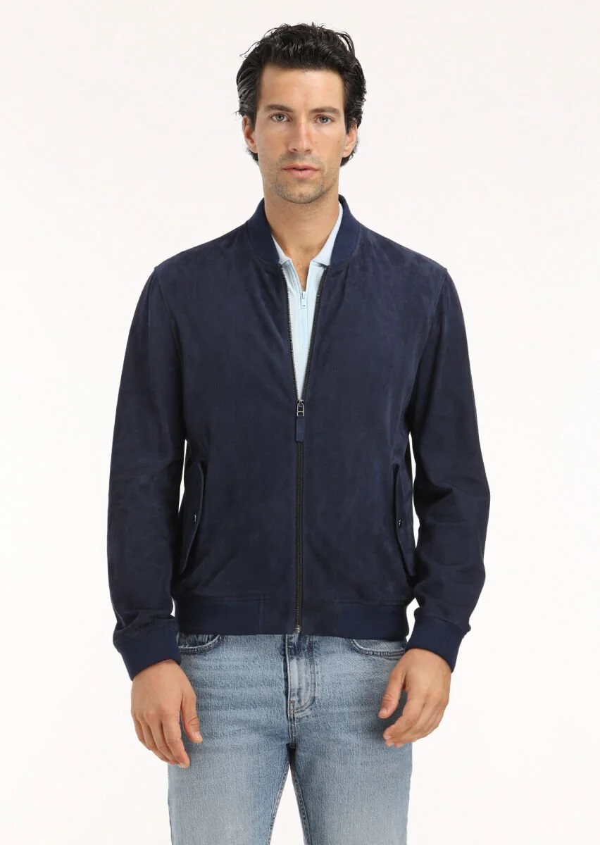 Navy Blue Suede Leather Coat - 2