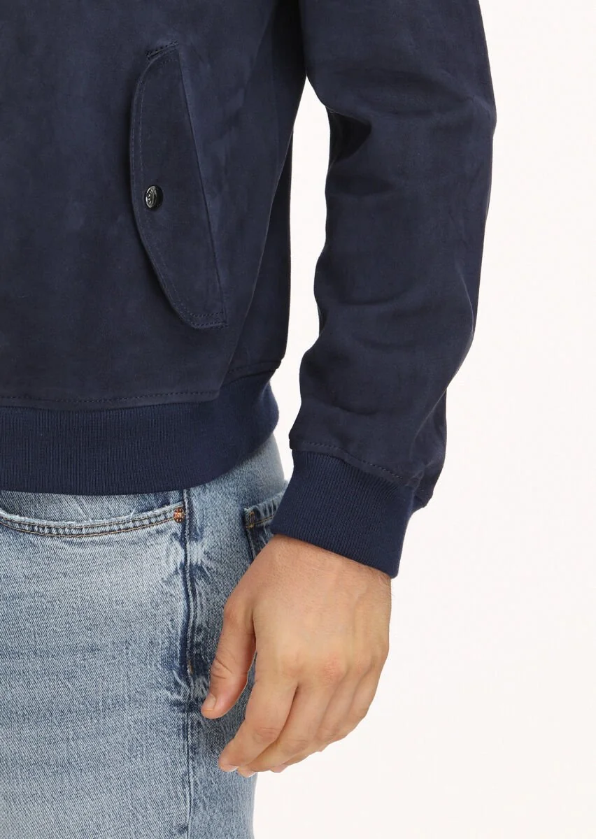 Navy Blue Suede Leather Coat - 4