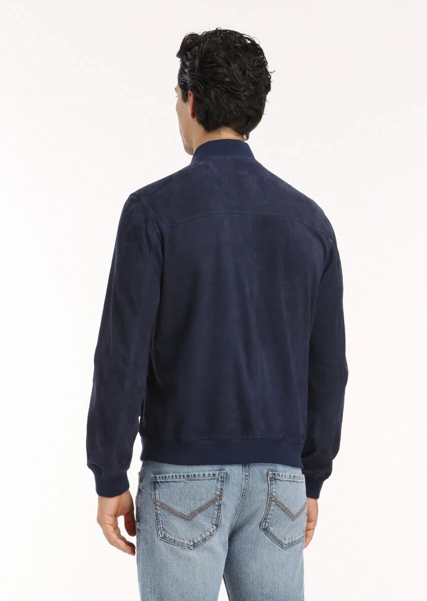 Navy Blue Suede Leather Coat - 5