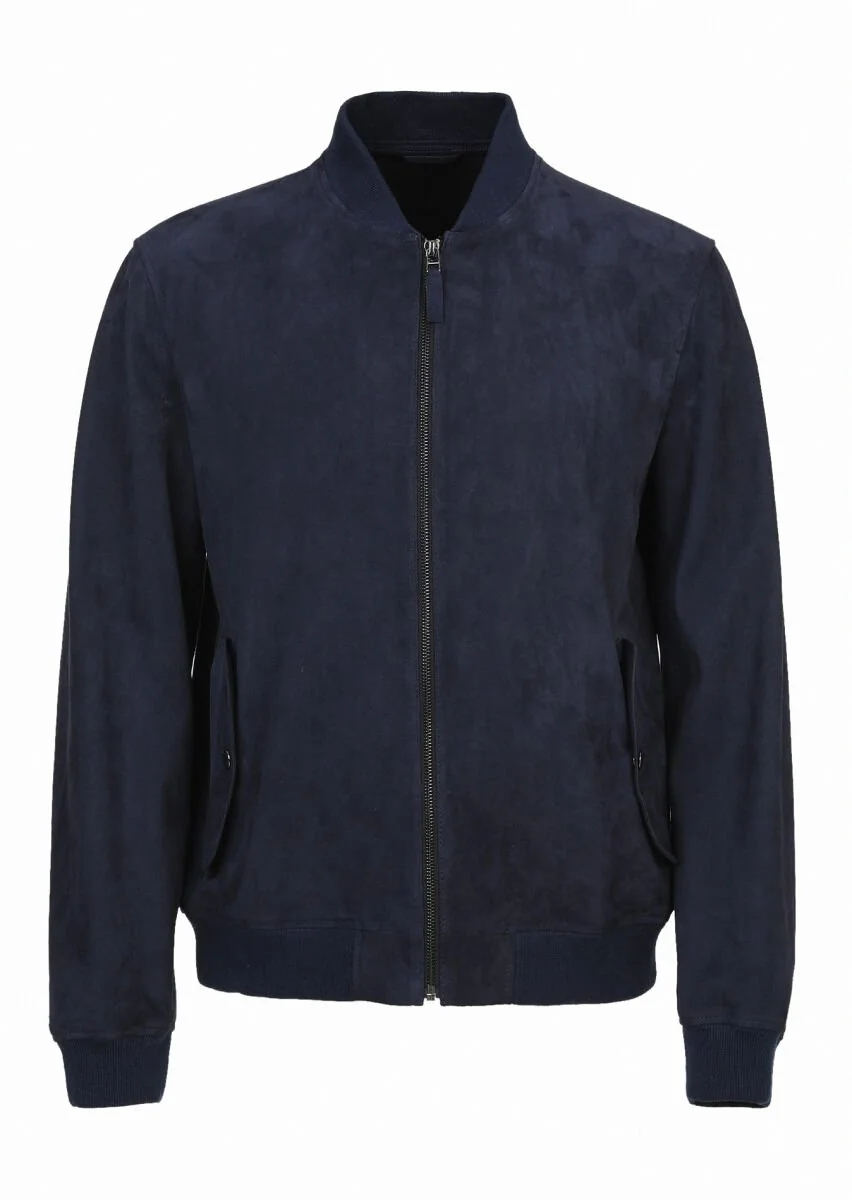 Navy Blue Suede Leather Coat - 6