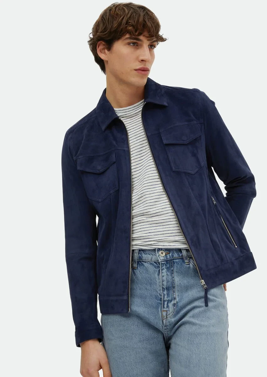 Navy Blue Suede Leather Coat - 1