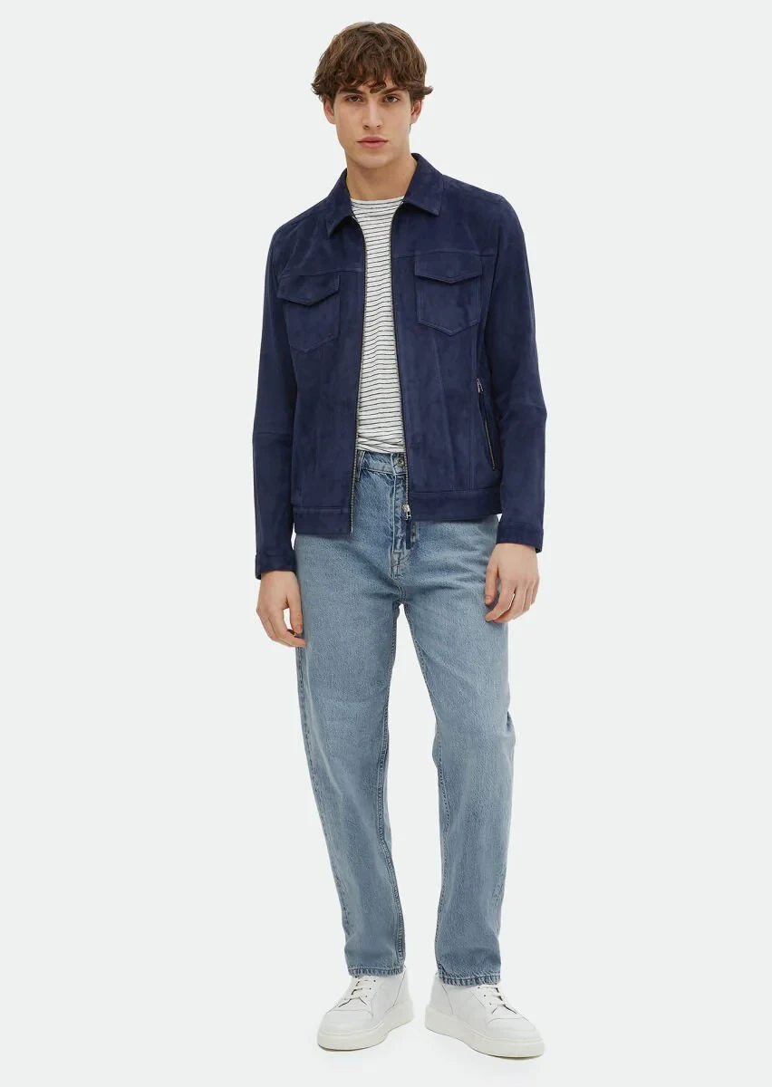 Navy Blue Suede Leather Coat - 2
