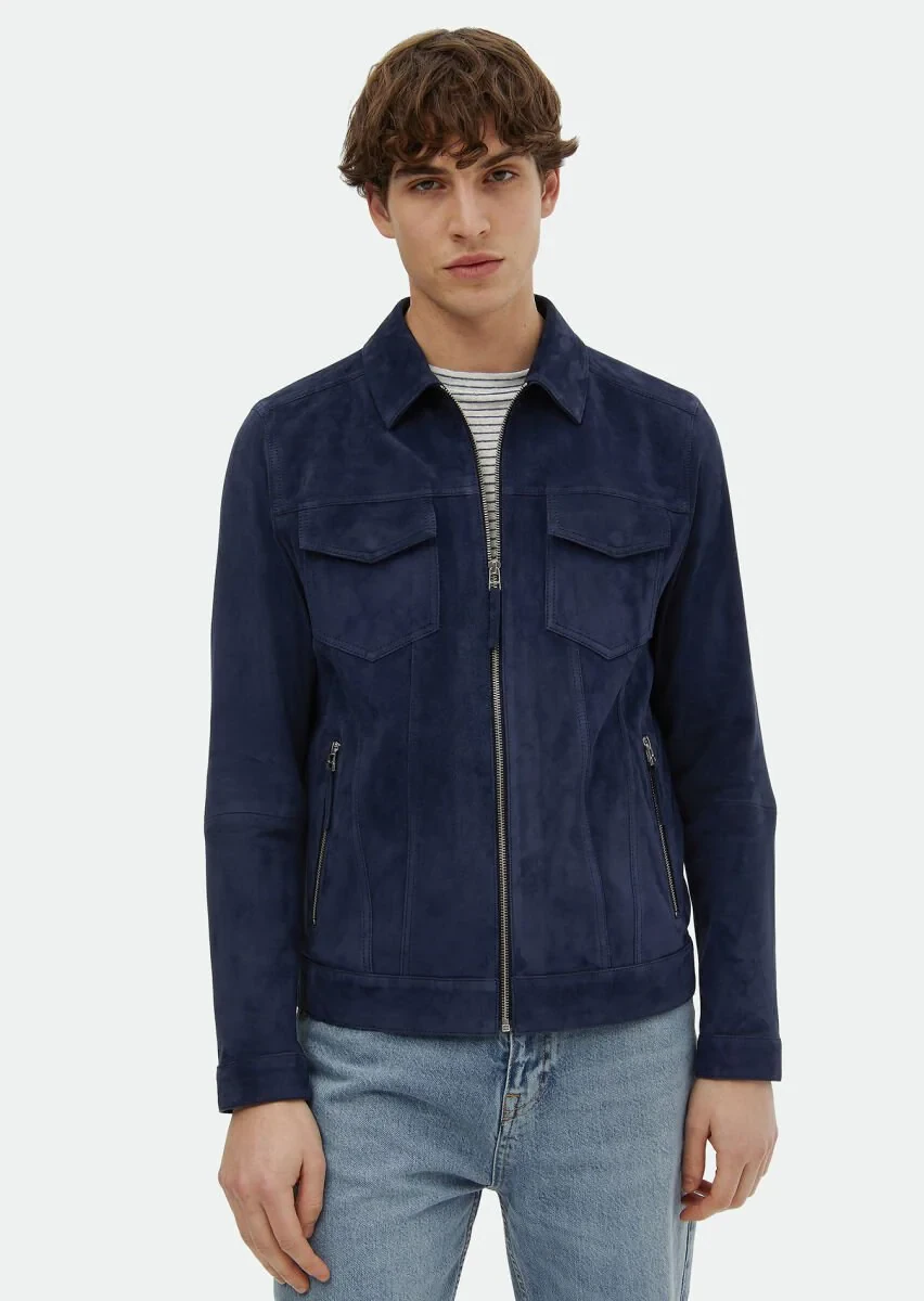 Navy Blue Suede Leather Coat - 3