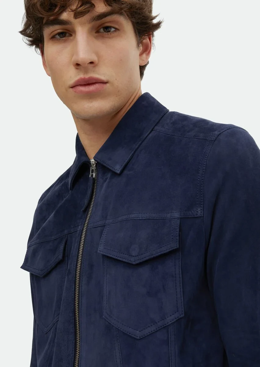 Navy Blue Suede Leather Coat - 4