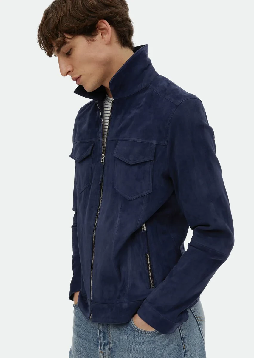 Navy Blue Suede Leather Coat - 5