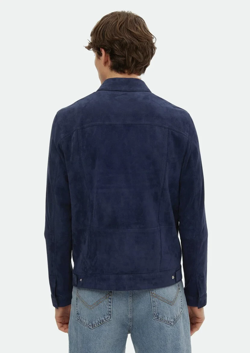 Navy Blue Suede Leather Coat - 6