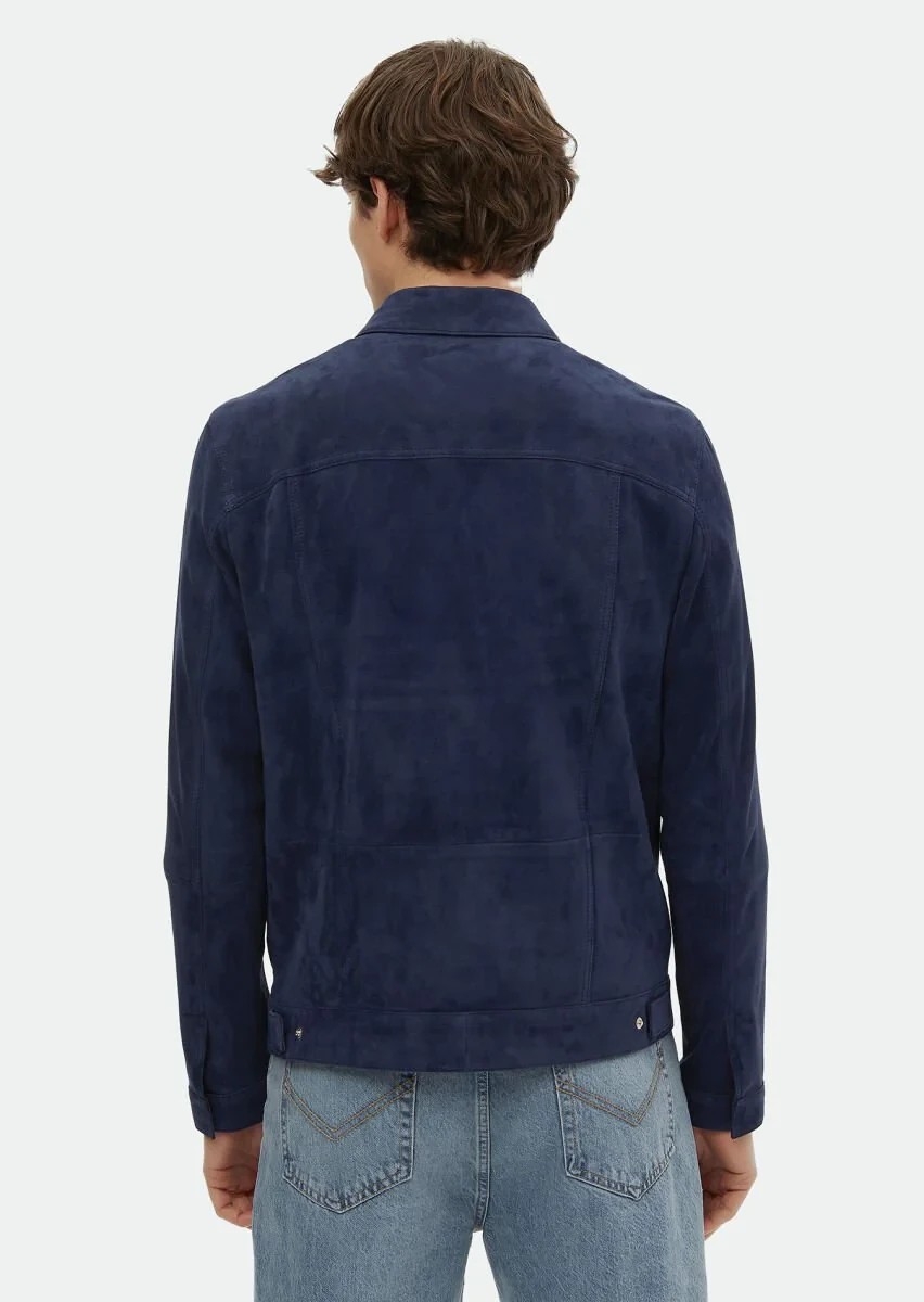 Navy Blue Suede Leather Coat - 6