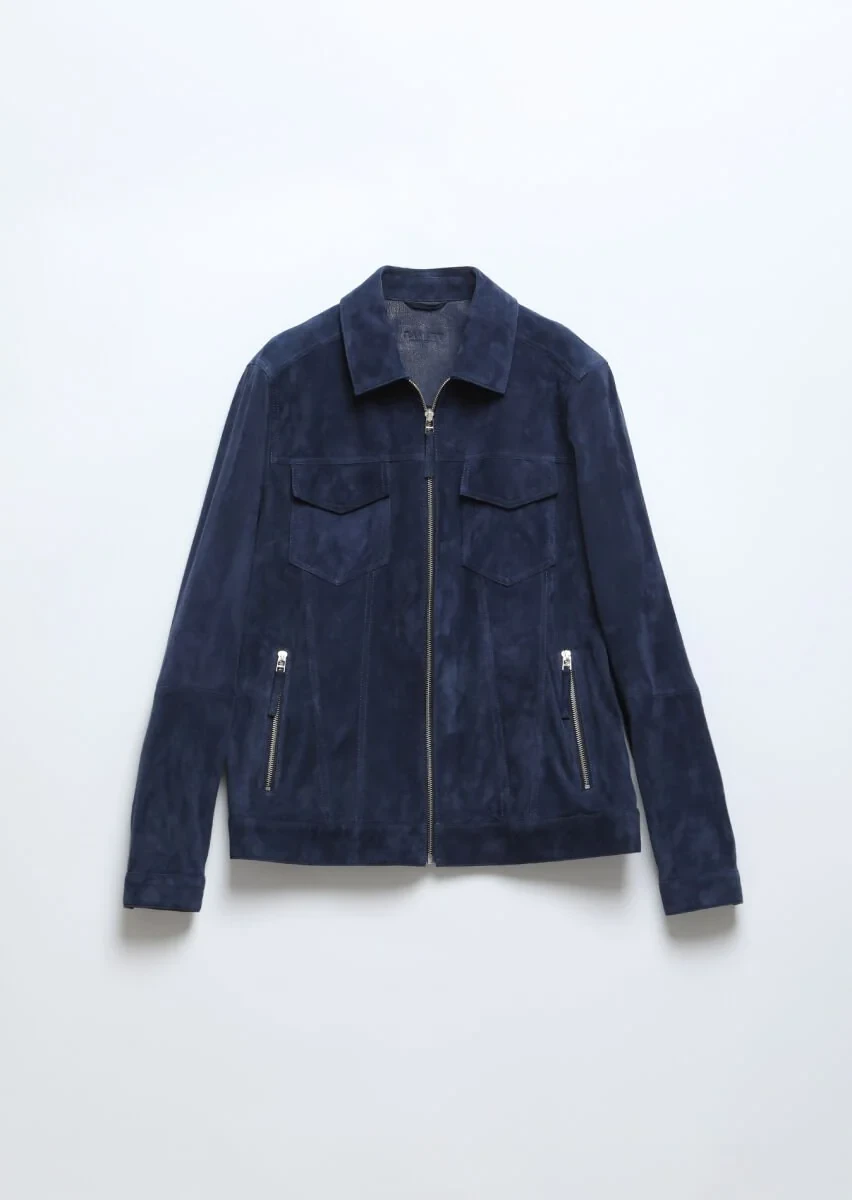 Navy Blue Suede Leather Coat - 7