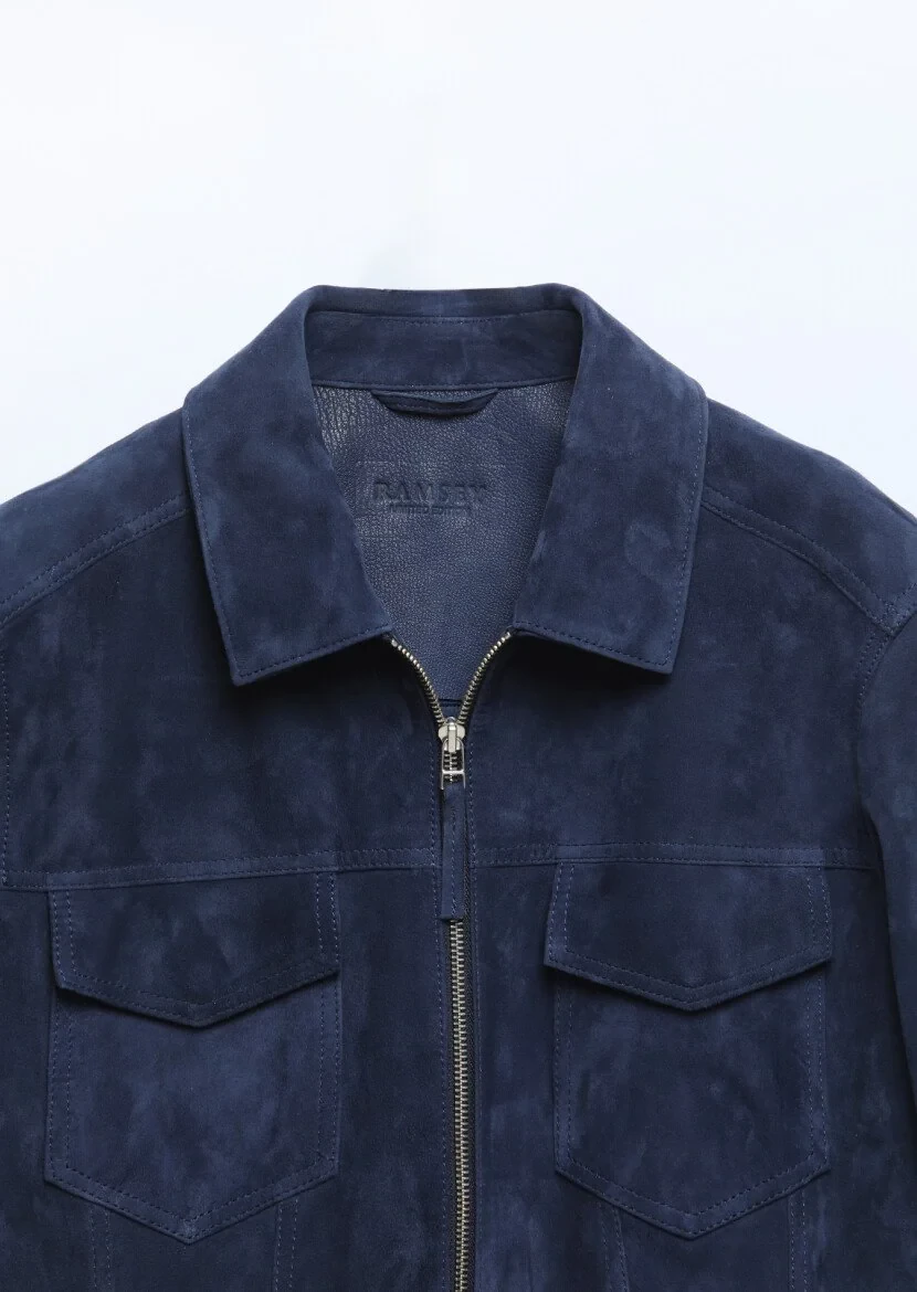 Navy Blue Suede Leather Coat - 8