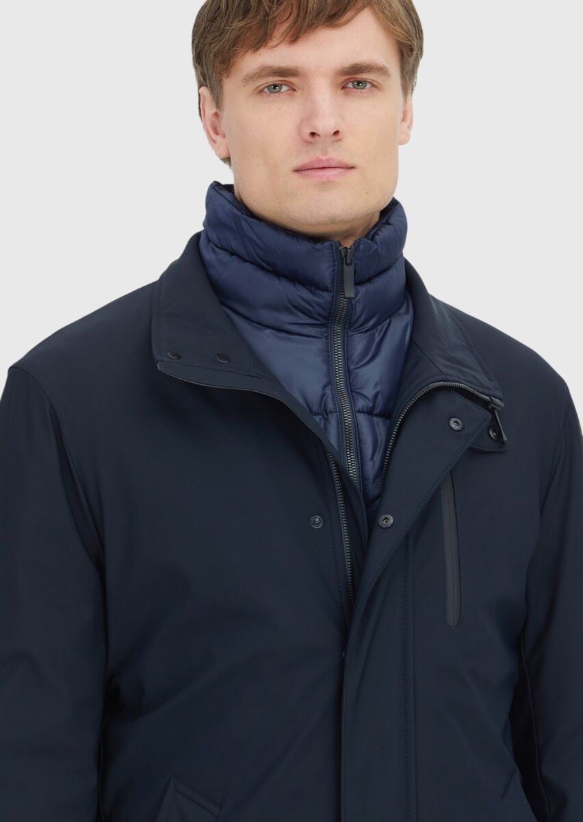 Navy Blue Turtleneck Casual Weaving Coat - 3