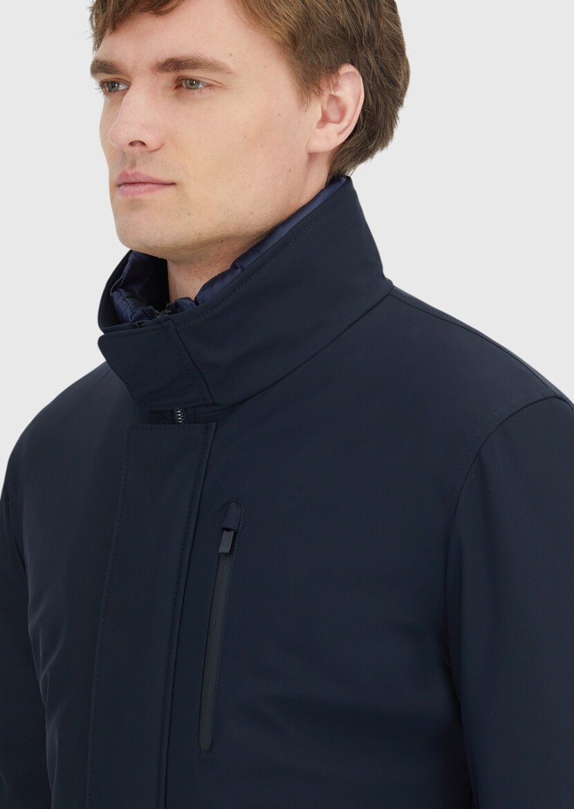 Navy Blue Turtleneck Casual Weaving Coat - 4