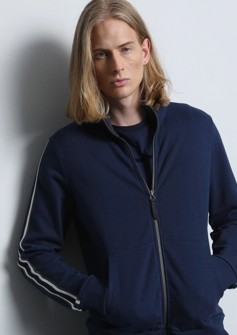 Navy Blue Turtleneck Plain Sweatshirt - 1