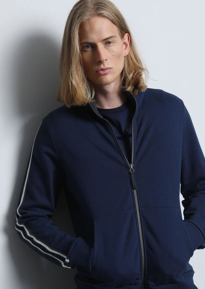 Navy Blue Turtleneck Plain Sweatshirt - 1
