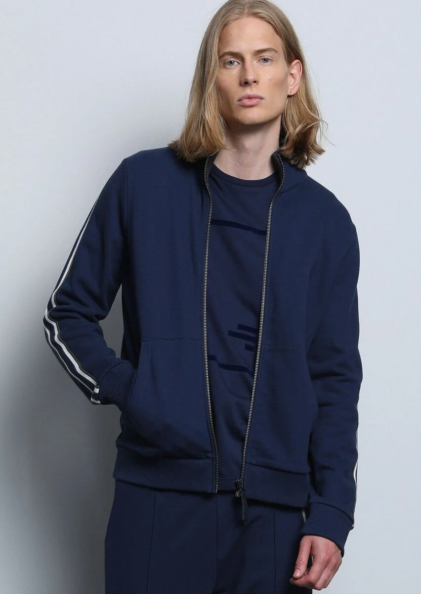 Navy Blue Turtleneck Plain Sweatshirt - 2