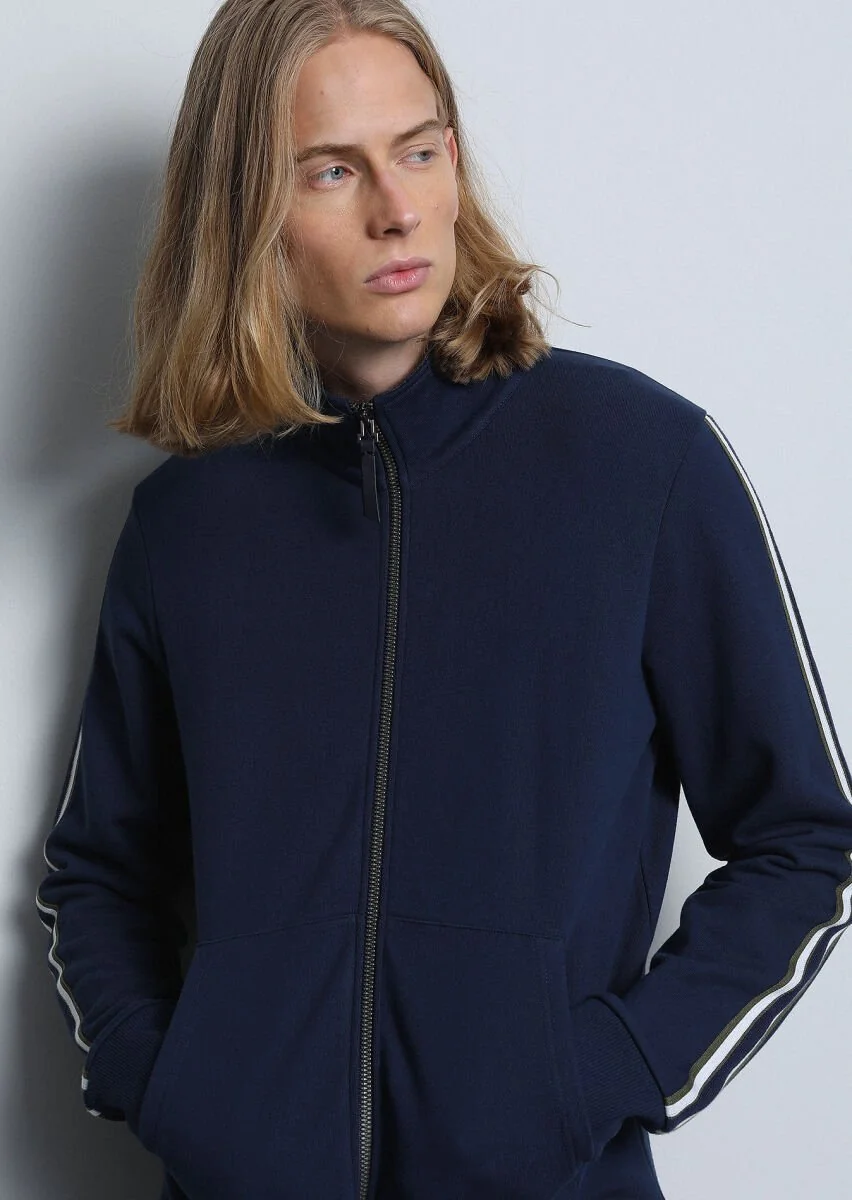 Navy Blue Turtleneck Plain Sweatshirt - 3