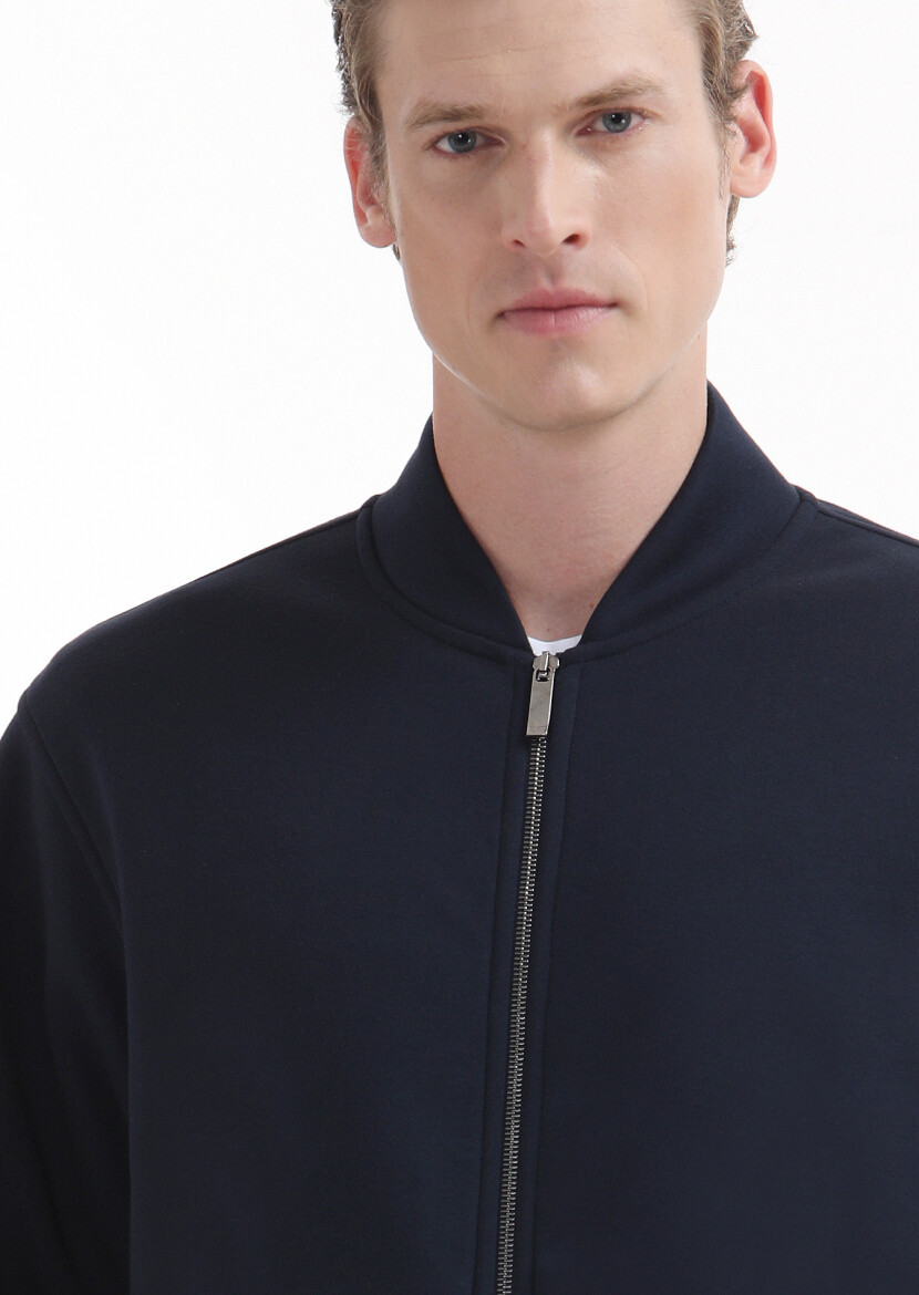 Navy Blue Turtleneck Plain Sweatshirt - 4