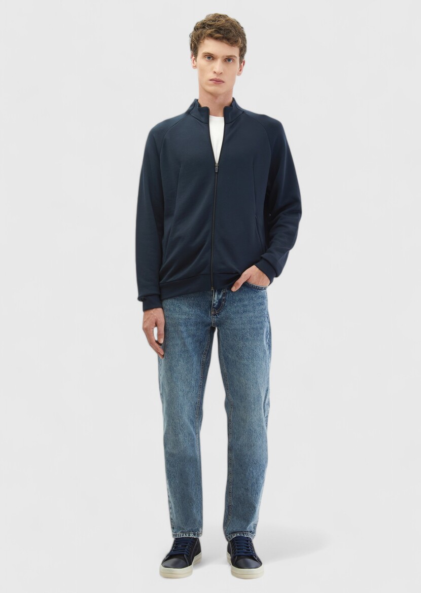 Navy Blue Turtleneck Plain Sweatshirt - 2