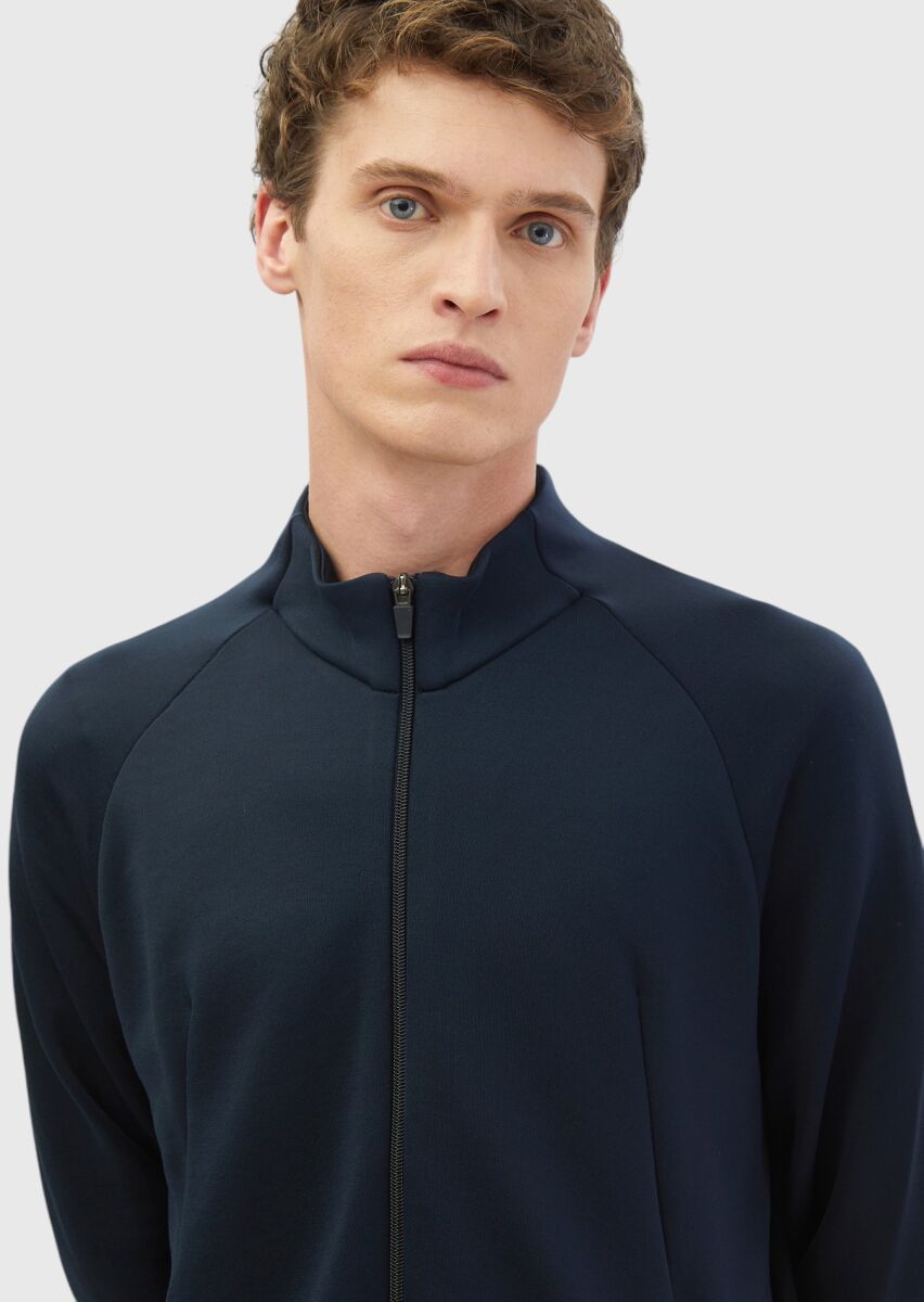 Navy Blue Turtleneck Plain Sweatshirt - 3