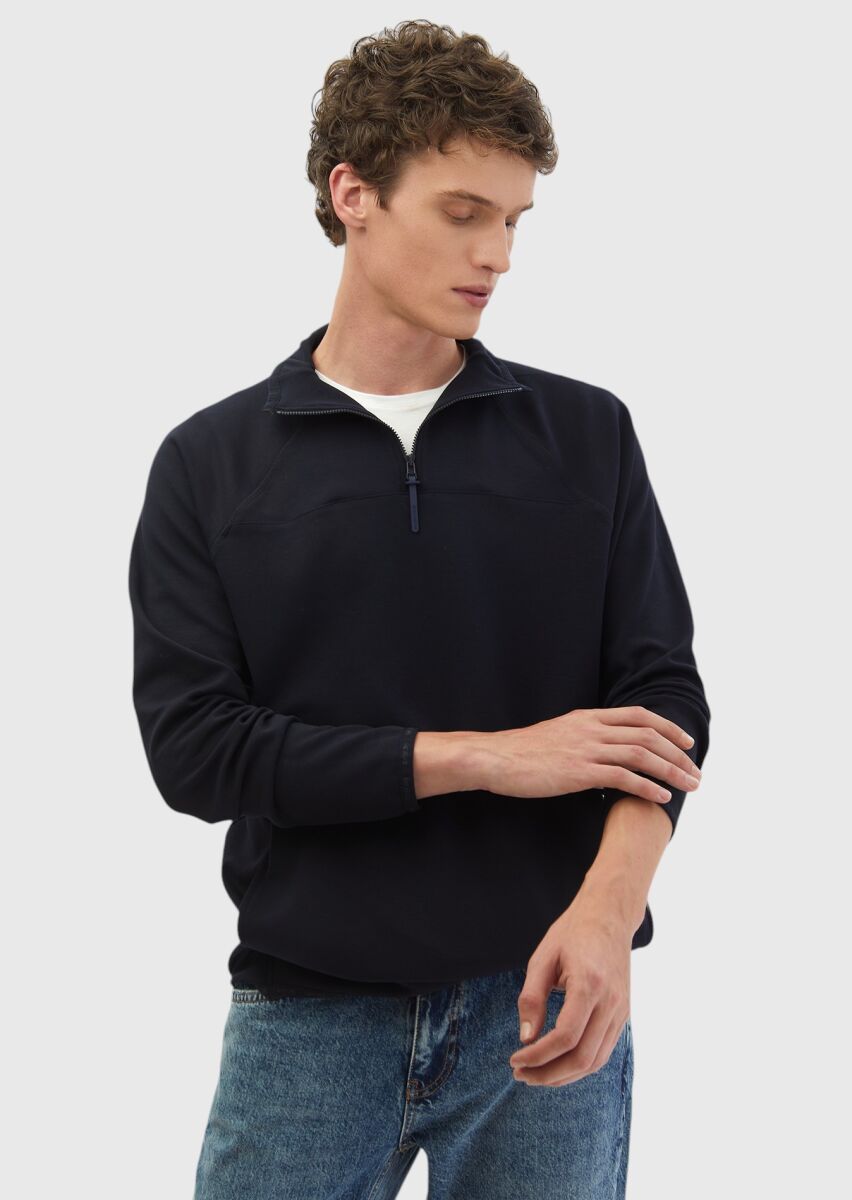 Navy Blue Turtleneck Plain Sweatshirt - 1