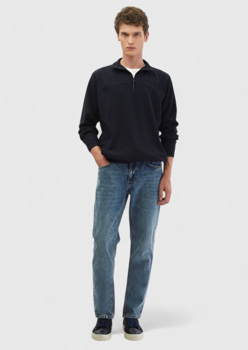 Navy Blue Turtleneck Plain Sweatshirt - 2