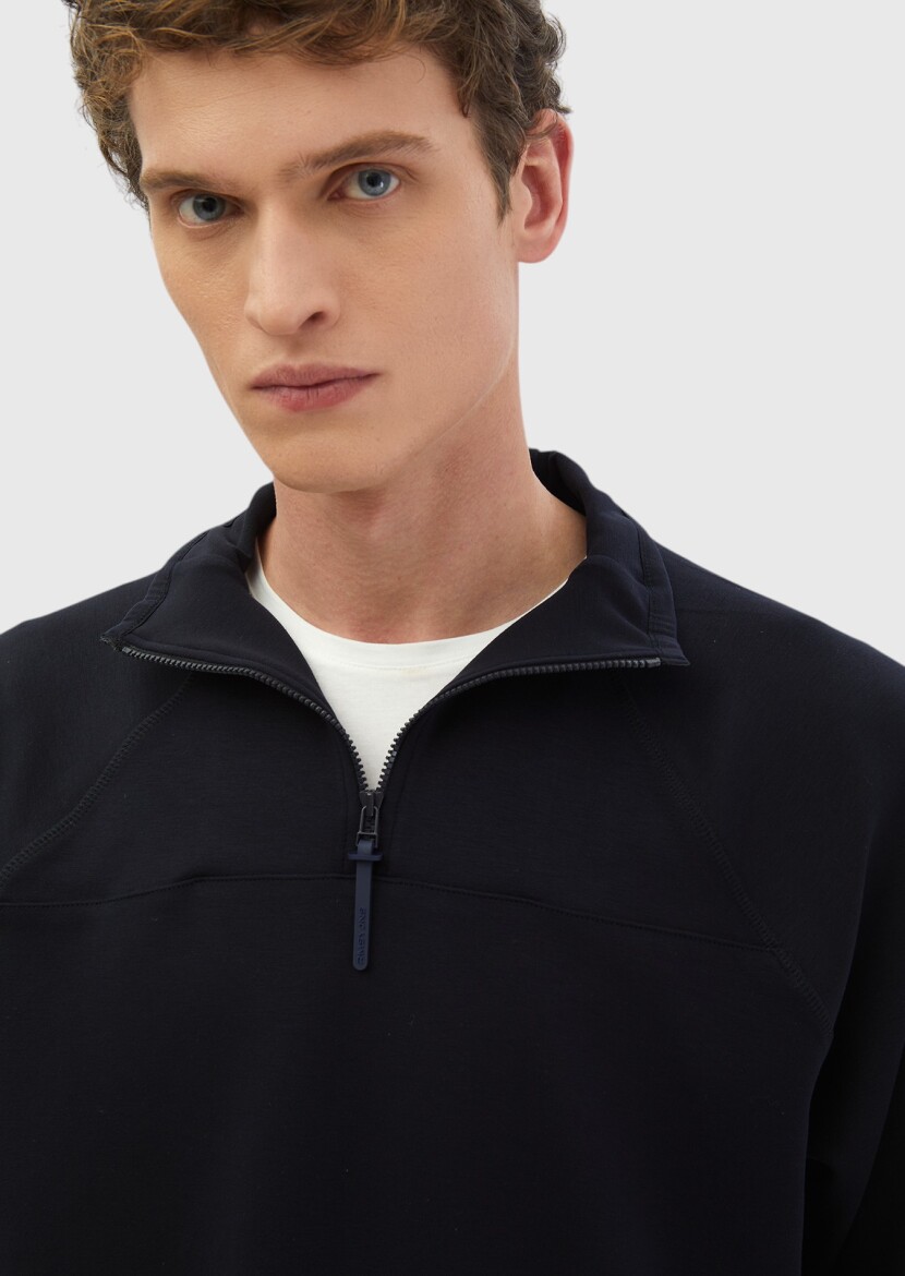 Navy Blue Turtleneck Plain Sweatshirt - 3