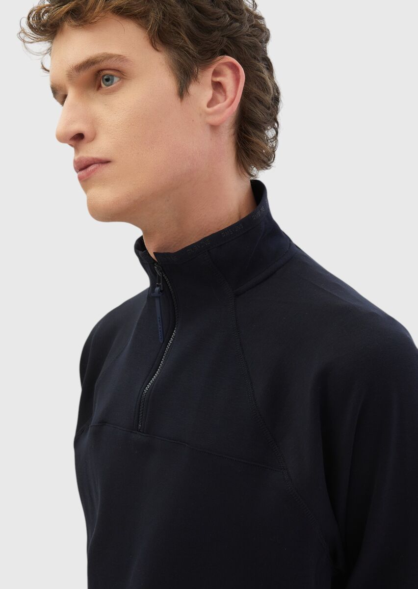 Navy Blue Turtleneck Plain Sweatshirt - 4