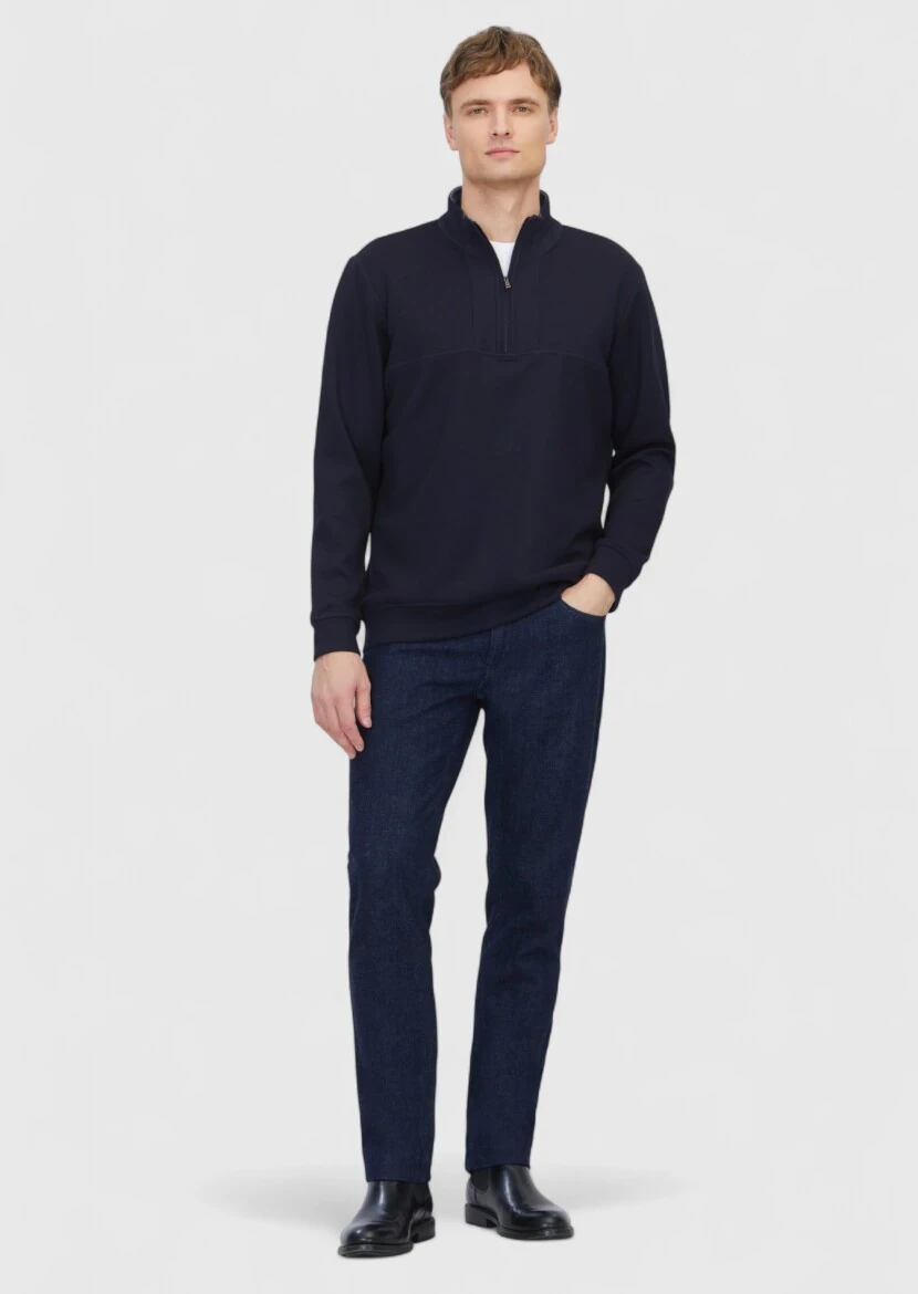 Navy Blue Turtleneck Plain Sweatshirt - RAMSEY