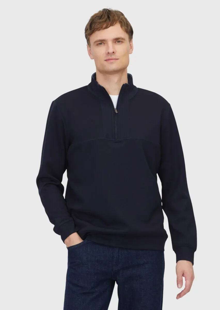 Navy Blue Turtleneck Plain Sweatshirt - 1