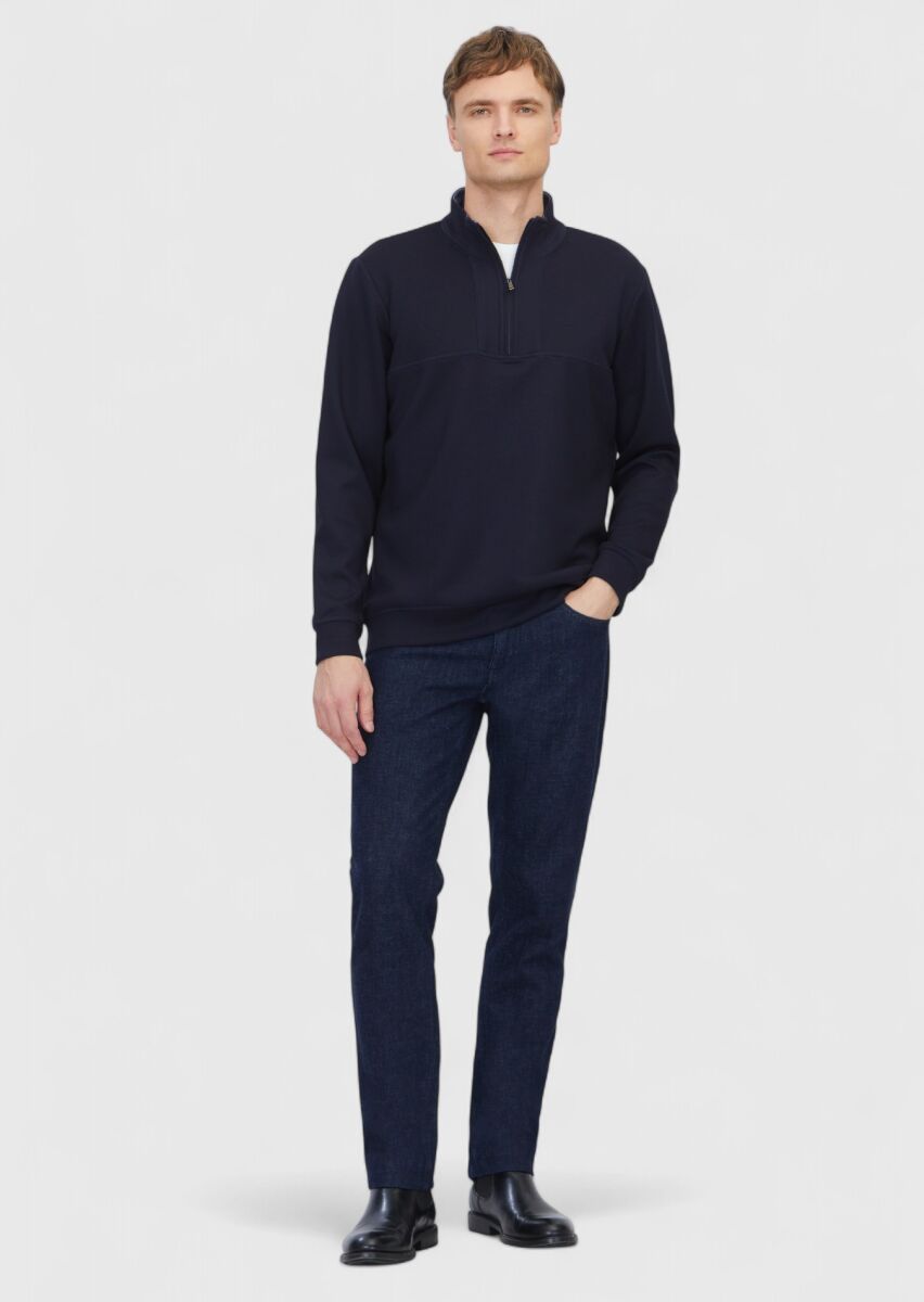 Navy Blue Turtleneck Plain Sweatshirt - 2
