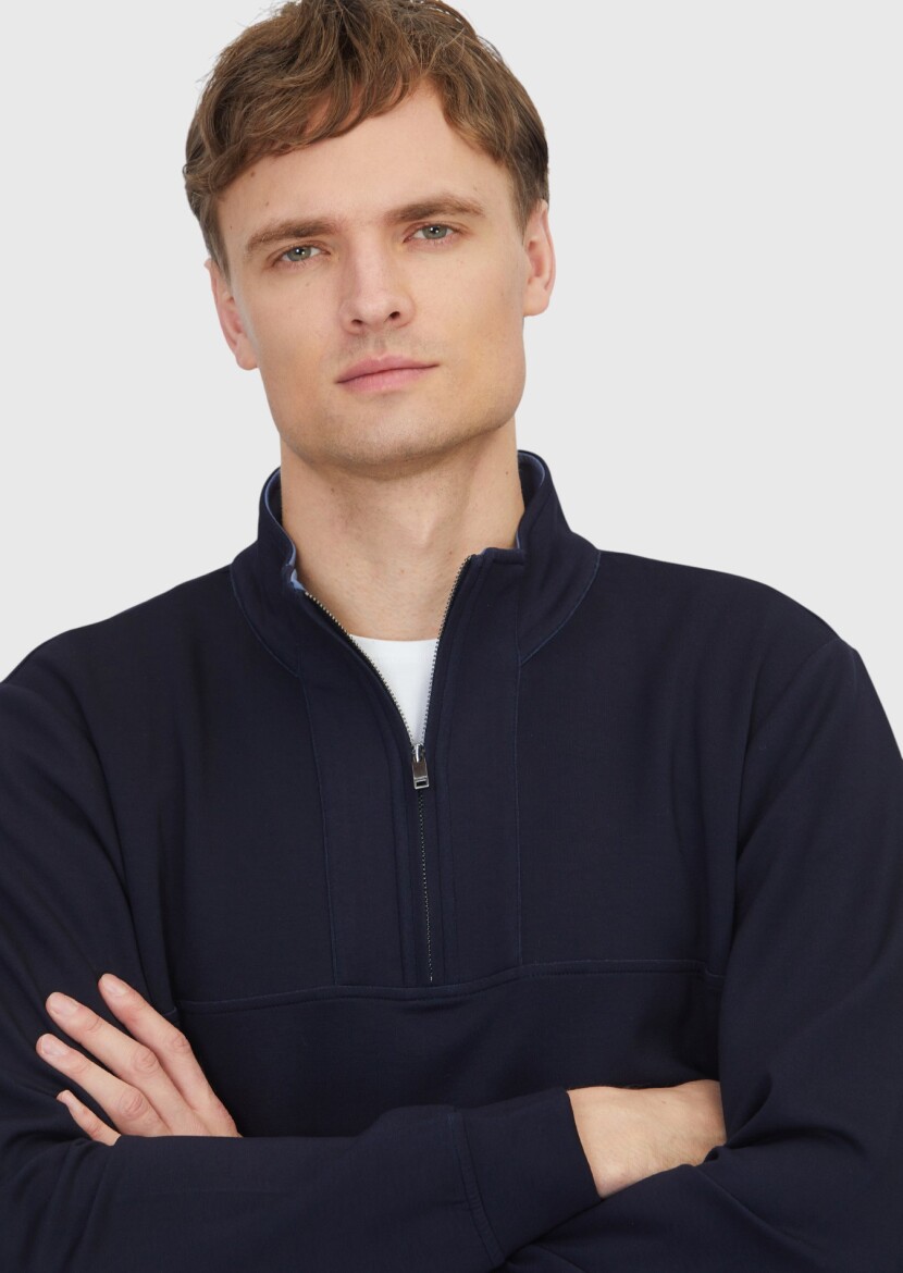 Navy Blue Turtleneck Plain Sweatshirt - 3