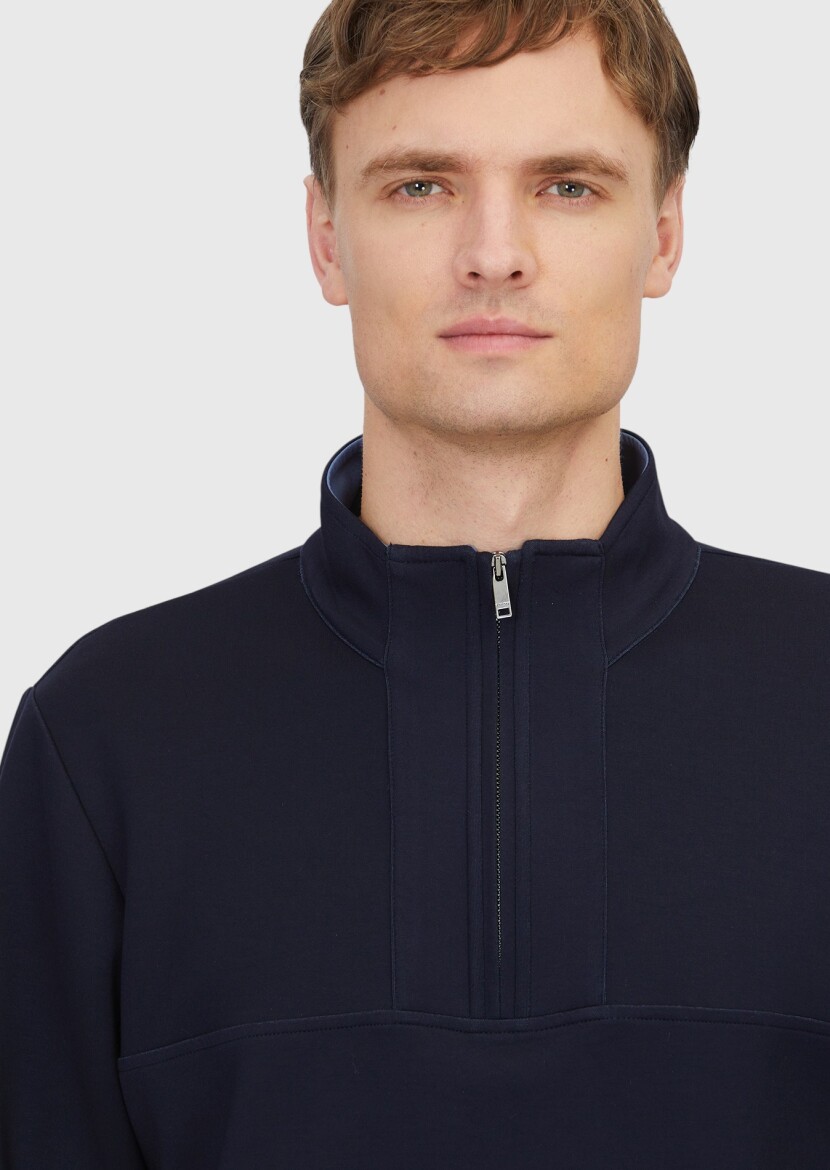 Navy Blue Turtleneck Plain Sweatshirt - 4