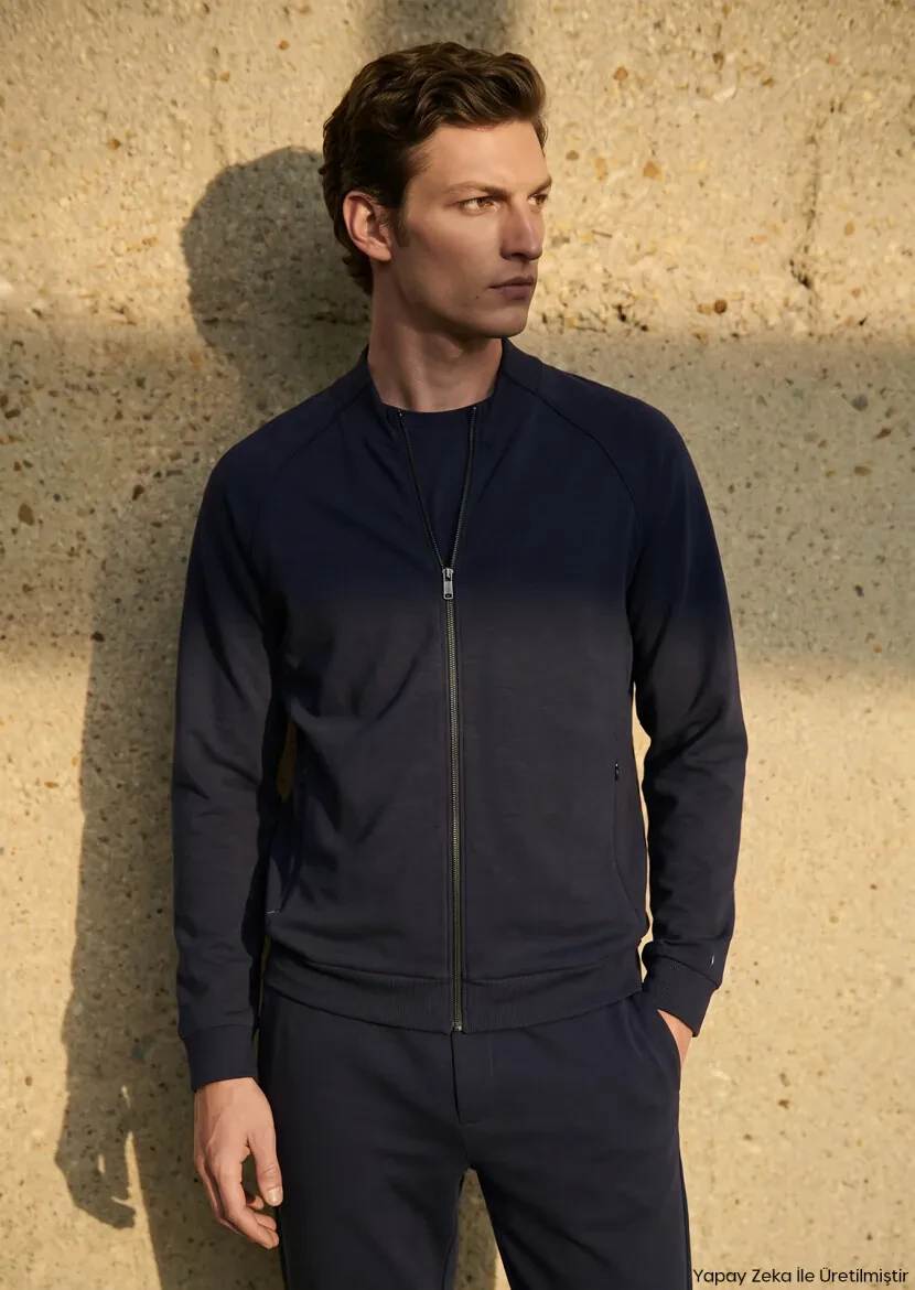 Navy Blue Turtleneck Plain Sweatshirt - RAMSEY