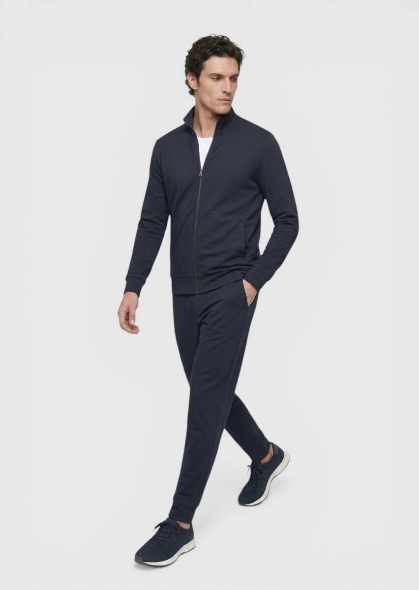 Navy Blue Turtleneck Plain Sweatshirt - 1