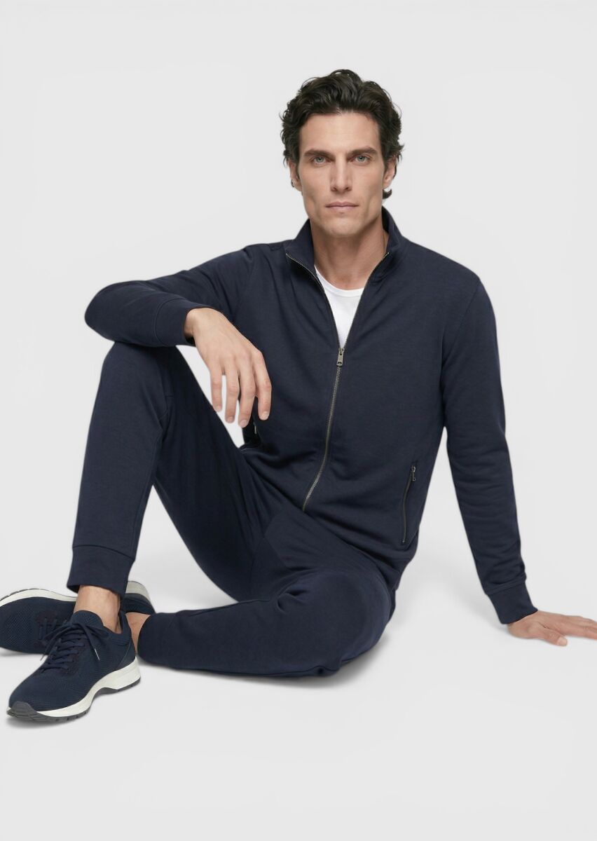 Navy Blue Turtleneck Plain Sweatshirt - 2