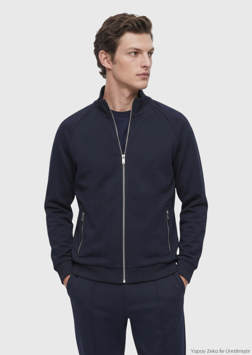 Navy Blue Turtleneck Plain Sweatshirt - RAMSEY