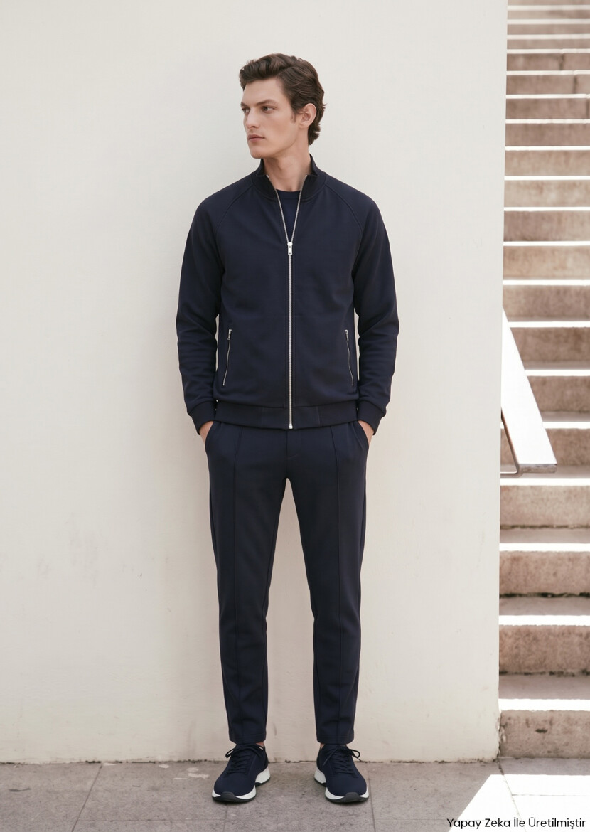 Navy Blue Turtleneck Plain Sweatshirt - RAMSEY