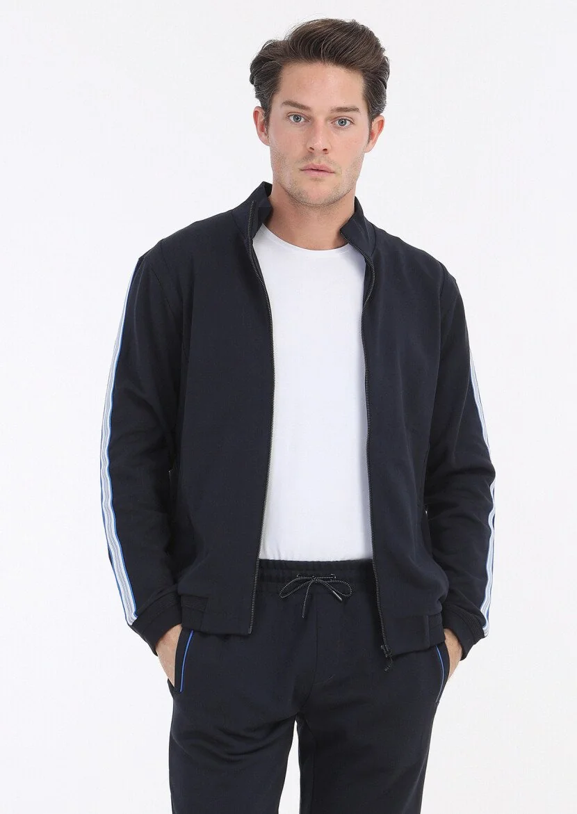 Navy Blue Turtleneck Printed Sweatshirt - 2