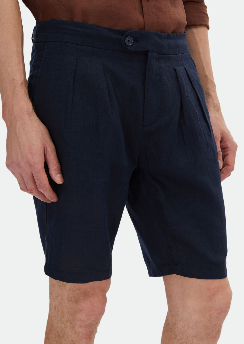 Navy Blue Weaving Carrot Fit Casual 100% Linen Bermuda - 4