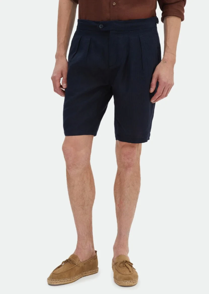 Navy Blue Weaving Carrot Fit Casual 100% Linen Bermuda 