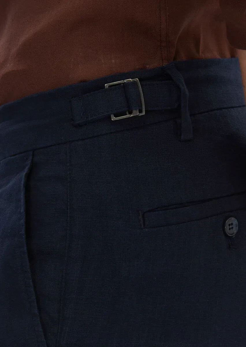 Navy Blue Weaving Carrot Fit Casual 100% Linen Bermuda - 5