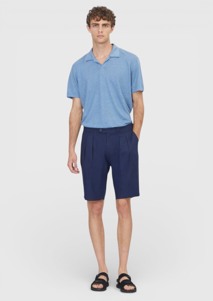 Navy Blue Weaving Carrot Fit Casual 100% Linen Bermuda - 1